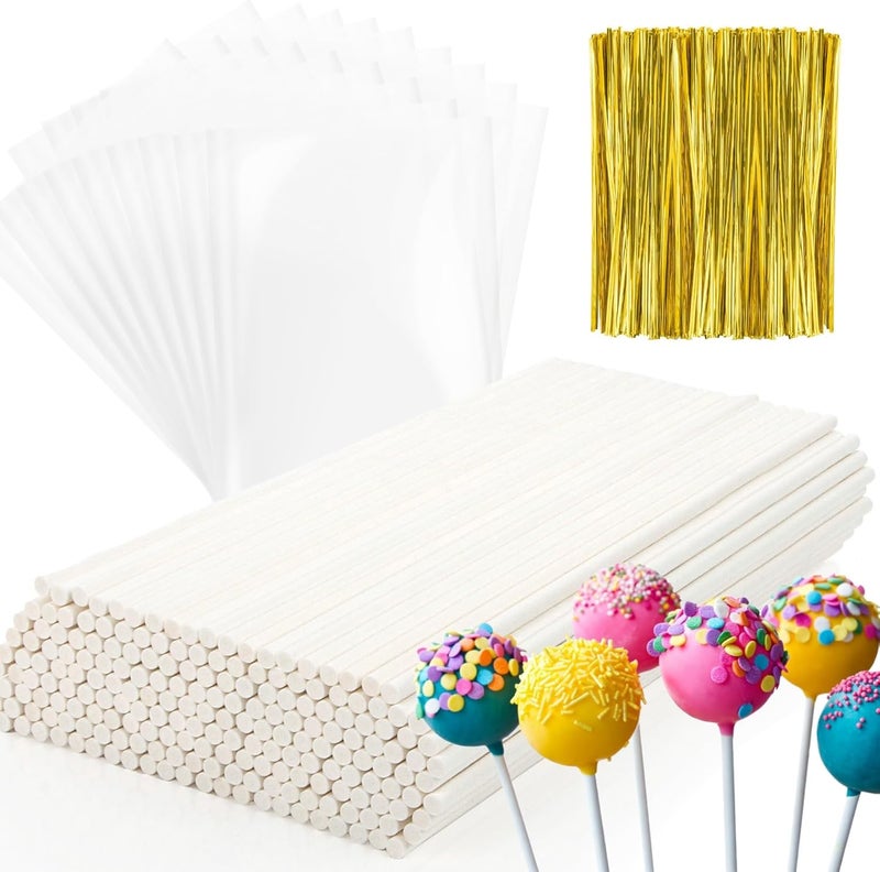 Rainflow 600 Pcs Cake Pop Sticks and Wrappers Kit - Lollipop Sticks and Wrappers Including 200ct Cake Pop Stick,200ct Treat Bags,200 Pcs Twist Ties for Cakepop, Lollipop, Candy, Chocolate - Image 1